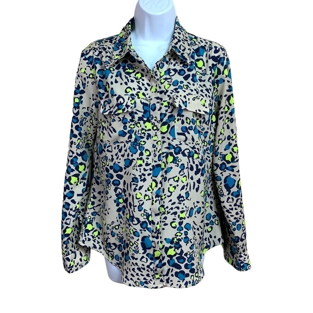 Small Leopard Print Neon Beige Blue Green Button Down Long Sleeve Top Shirt